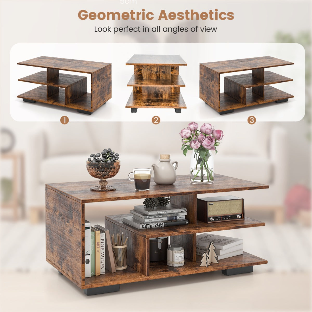 LIVSK Geometrische Salontafel met Opbergruimte - Modern Retro Design - 3 Niveaus - Gelamineerd Hout - 90 x 50 x 42 cm -