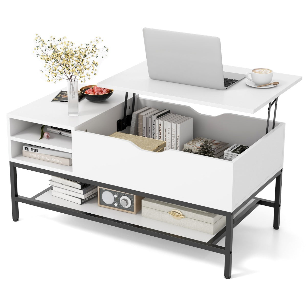 LIVSK Opklapbare Salontafel - Verhoogbaar Bovenblad 47,5-61 cm - Verwijderbare Plank - Verborgen Opbergruimte - Grijs/Wit