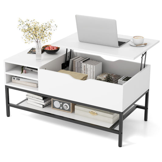 LIVSK Opklapbare Salontafel - Verhoogbaar Bovenblad 47,5-61 cm - Verwijderbare Plank - Verborgen Opbergruimte - Grijs/Wit