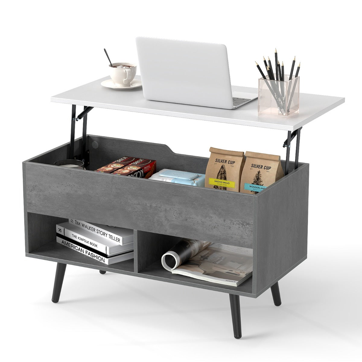LIVSK Moderne Salontafel - Gasliftmechanisme - Ruim verborgen vak en 2 open planken - 80 x 40 x 46 cm - Grijs