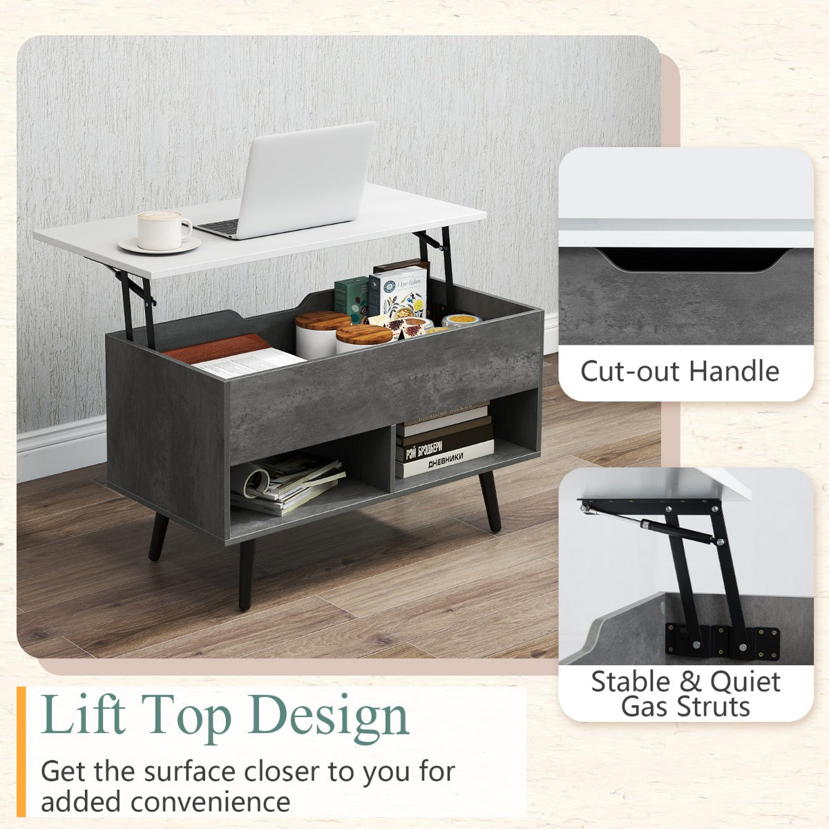 LIVSK Moderne Salontafel - Gasliftmechanisme - Ruim verborgen vak en 2 open planken - 80 x 40 x 46 cm - Grijs
