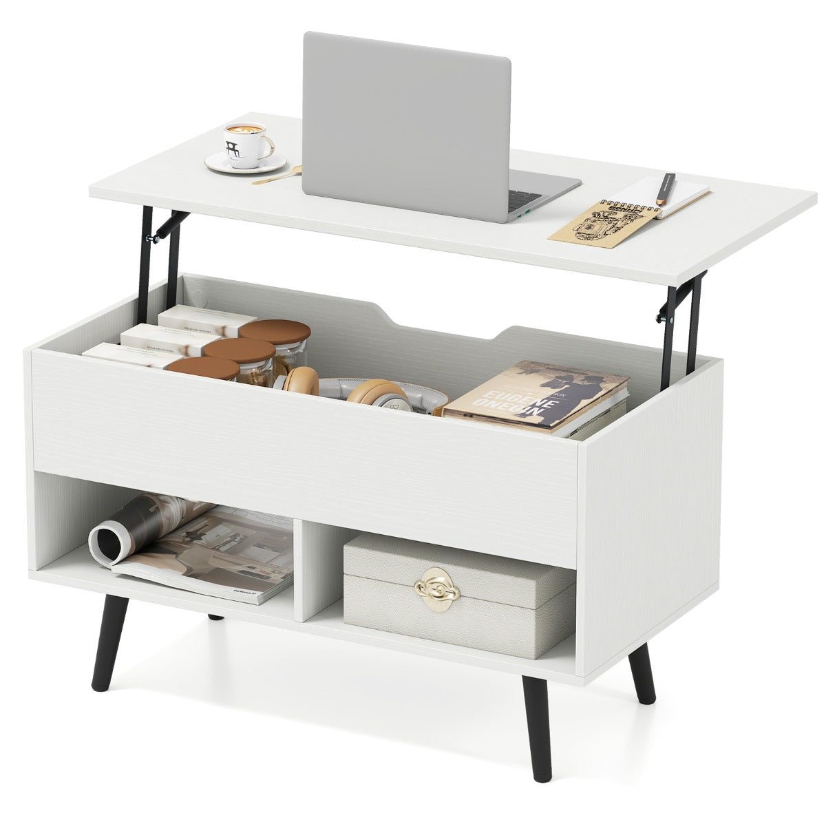 LIVSK Moderne Salontafel met Gasliftmechanisme - Verstelbaar Tafelblad - Ruime Opbergruimte - 80 x 40 x 46 cm - Wit