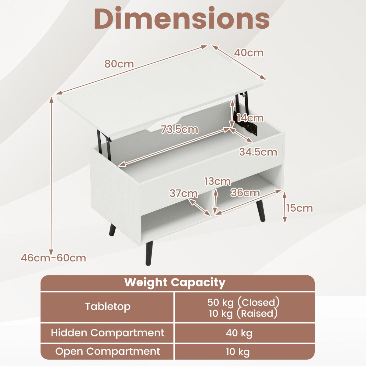 LIVSK Moderne Salontafel met Gasliftmechanisme - Verstelbaar Tafelblad - Ruime Opbergruimte - 80 x 40 x 46 cm - Wit
