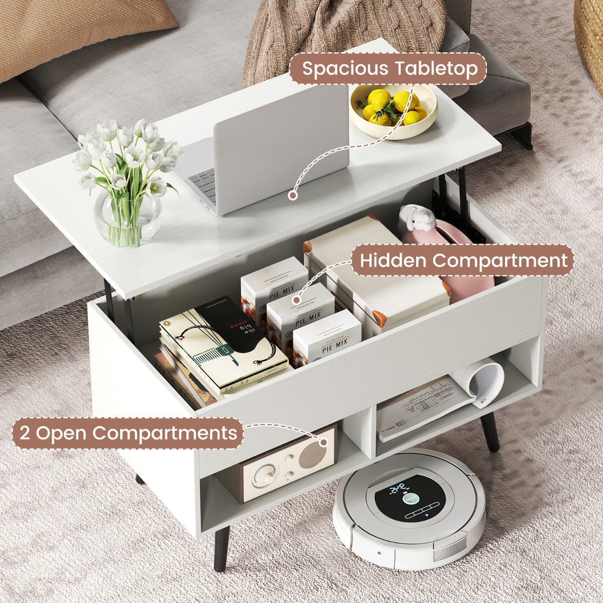 LIVSK Moderne Salontafel met Gasliftmechanisme - Verstelbaar Tafelblad - Ruime Opbergruimte - 80 x 40 x 46 cm - Wit