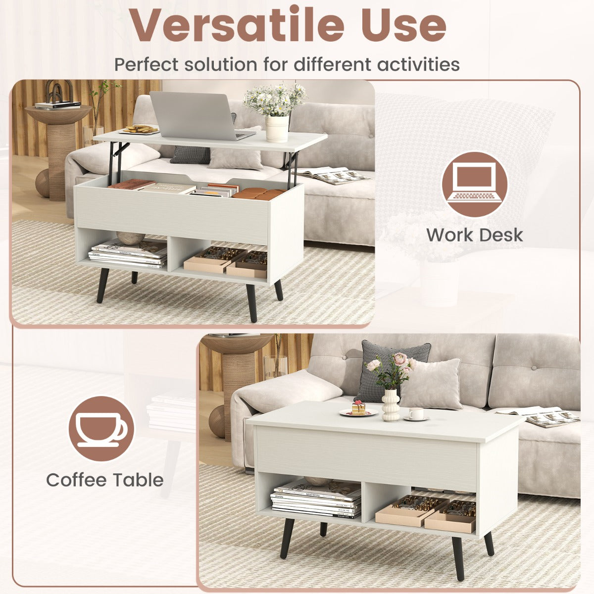 LIVSK Moderne Salontafel met Gasliftmechanisme - Verstelbaar Tafelblad - Ruime Opbergruimte - 80 x 40 x 46 cm - Wit