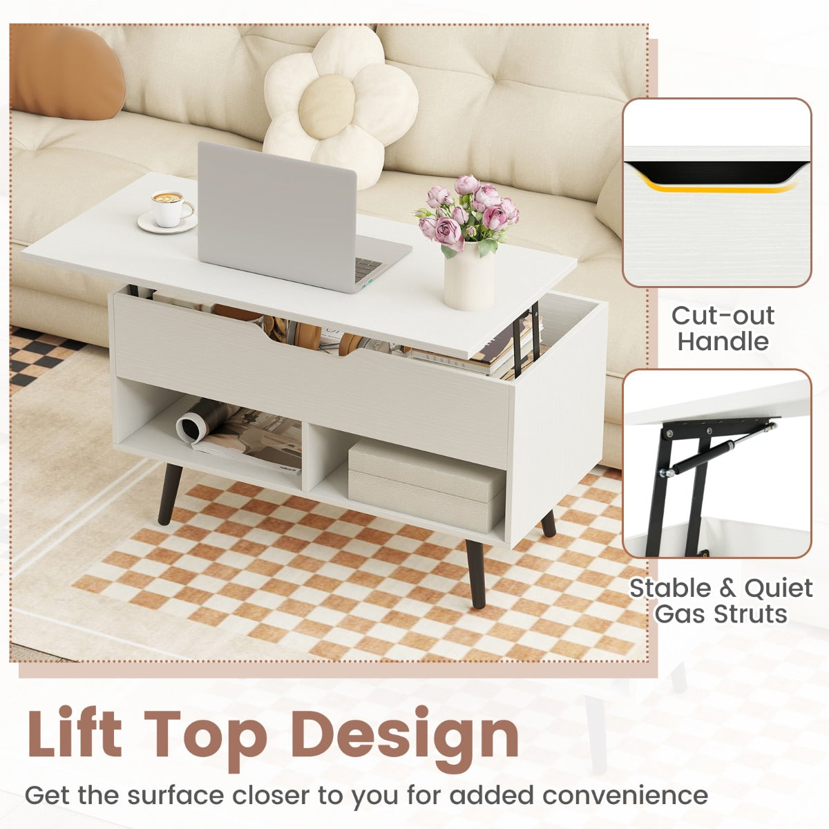 LIVSK Moderne Salontafel met Gasliftmechanisme - Verstelbaar Tafelblad - Ruime Opbergruimte - 80 x 40 x 46 cm - Wit