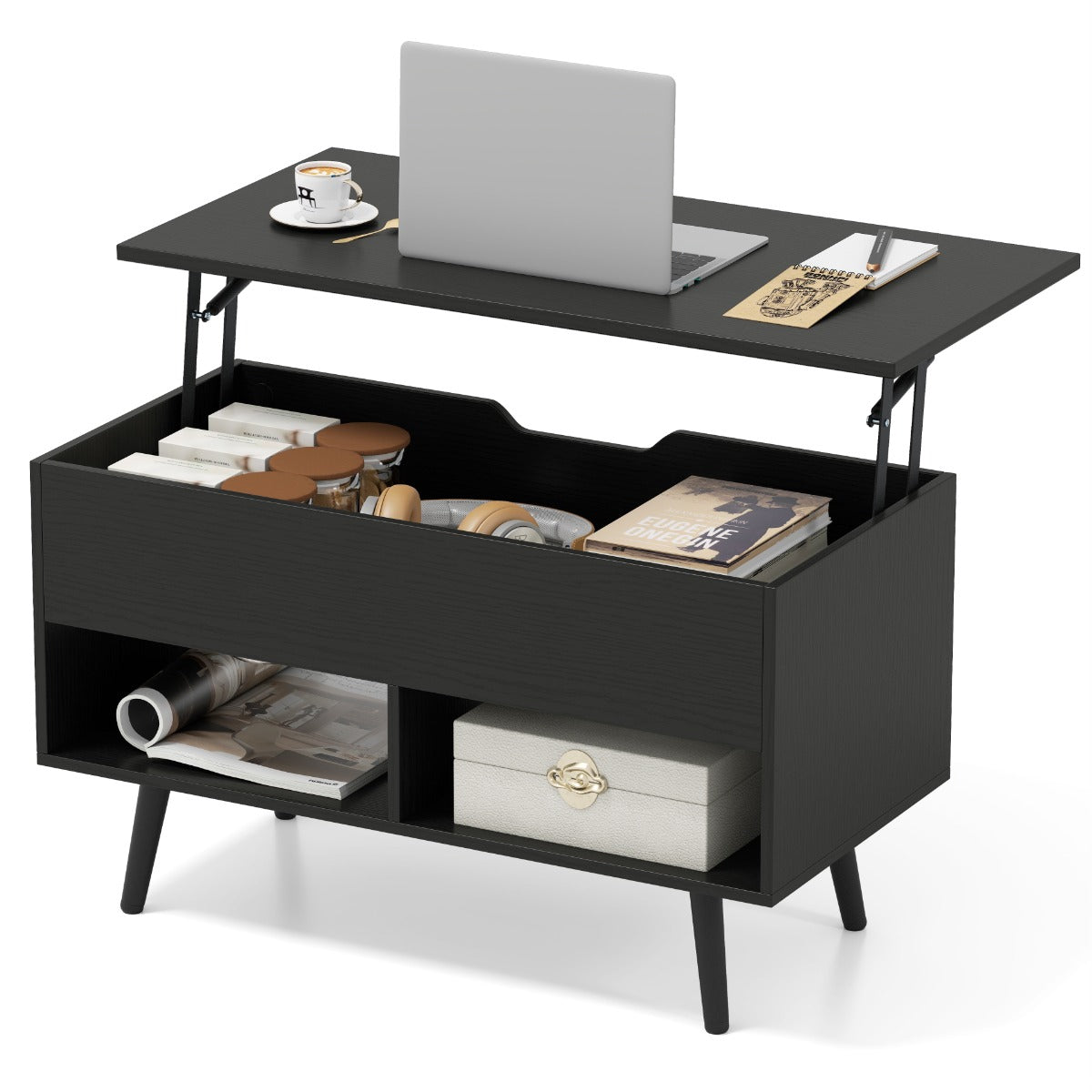 LIVSK Verstelbare Salontafel - Hefbaar Tafelblad - Ruime Opbergruimte - Stevige Constructie - 80 x 40 x 46 cm - Zwart