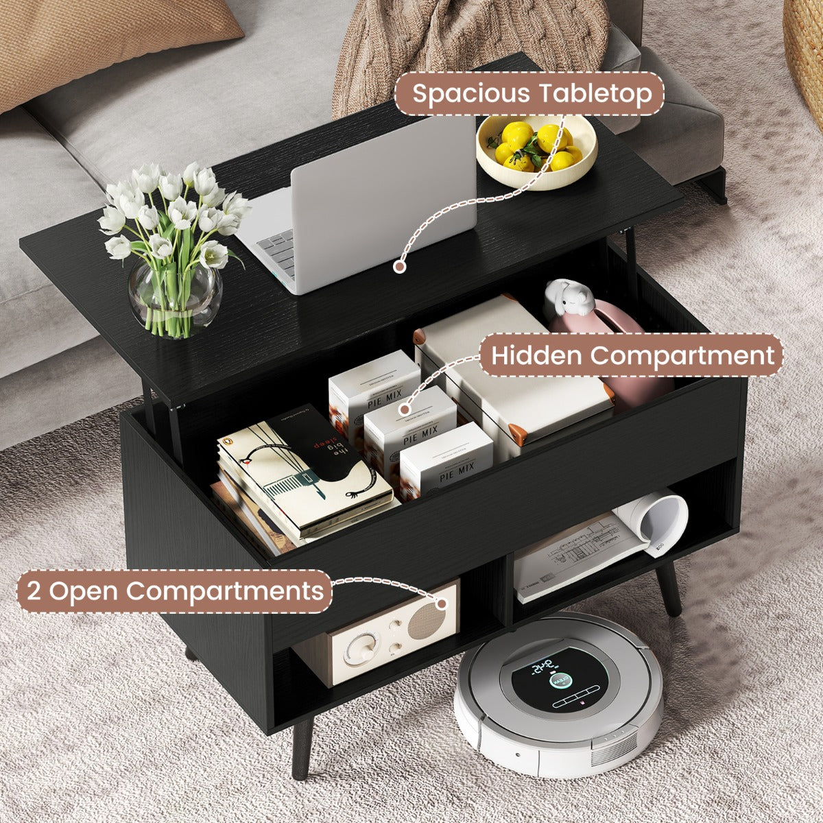 LIVSK Verstelbare Salontafel - Hefbaar Tafelblad - Ruime Opbergruimte - Stevige Constructie - 80 x 40 x 46 cm - Zwart