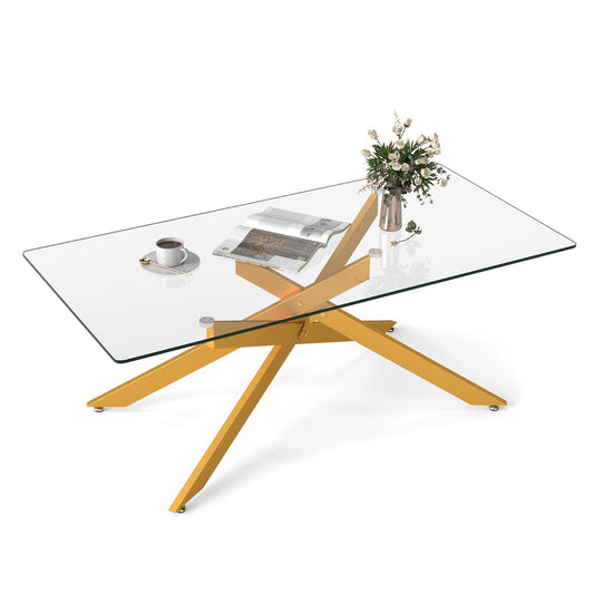 Livsk costway salontafel rechthoekige salontafel met gehard glazen blad en metalen buizenframe 120 x 60 x 455 cm goud