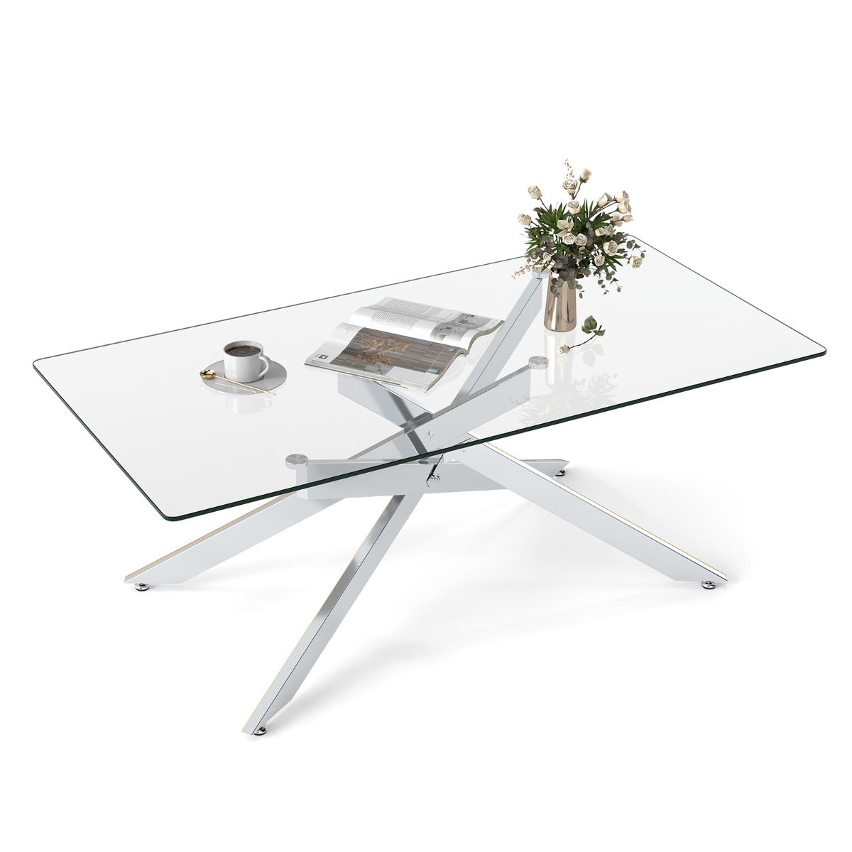 Livsk costway salontafel rechthoekige salontafel met gehard glazen blad en metalen buizenframe 120 x 60 x 455 cm zilver