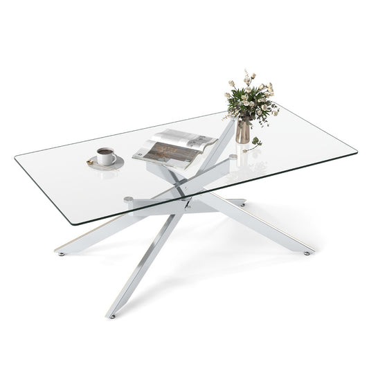 Livsk costway salontafel rechthoekige salontafel met gehard glazen blad en metalen buizenframe 120 x 60 x 455 cm zilver