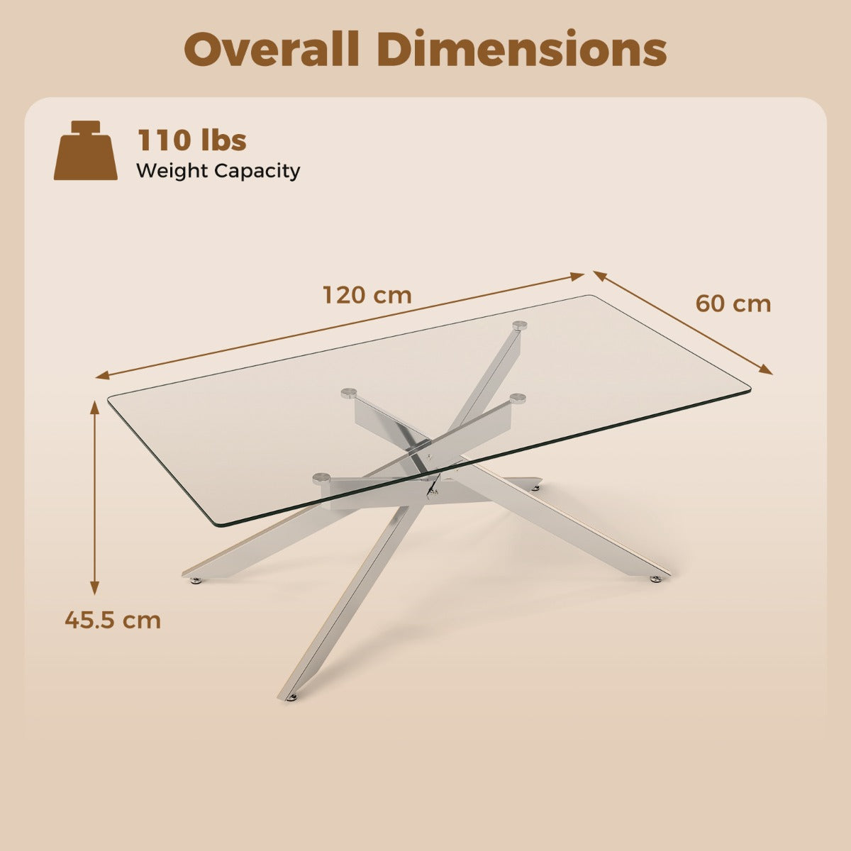 Livsk costway salontafel rechthoekige salontafel met gehard glazen blad en metalen buizenframe 120 x 60 x 455 cm zilver