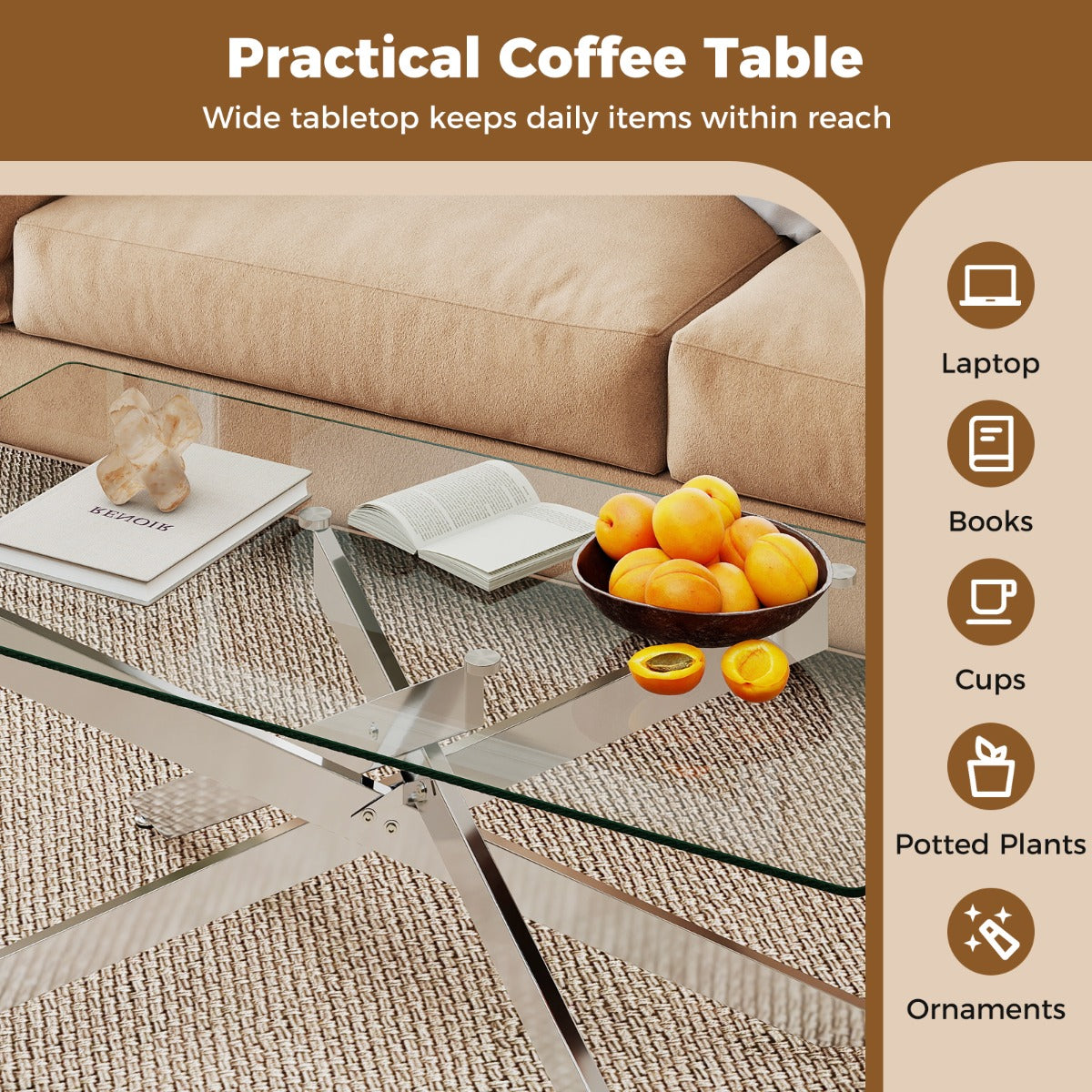 Livsk costway salontafel rechthoekige salontafel met gehard glazen blad en metalen buizenframe 120 x 60 x 455 cm zilver