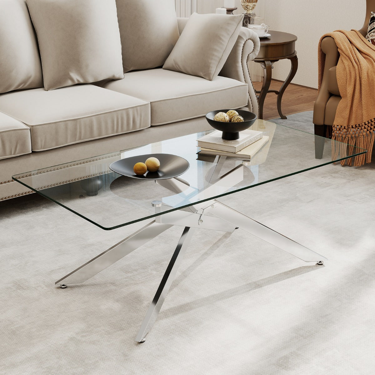Livsk costway salontafel rechthoekige salontafel met gehard glazen blad en metalen buizenframe 120 x 60 x 455 cm zilver