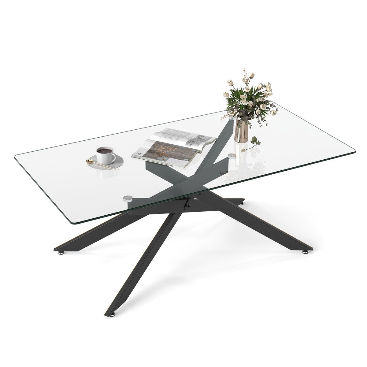 Livsk costway salontafel rechthoekige salontafel met gehard glazen blad en metalen buizenframe 120 x 60 x 455 cm zwart