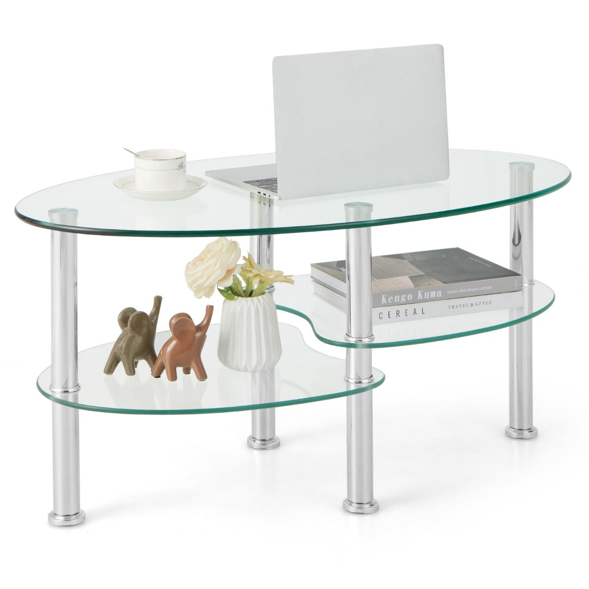 LIVSK Glazen Salontafel - 3-Laags Ontwerp - Ovaal met Gebogen Onderplanken - Gehard Glas en Staal - 89 x 50 x 45 cm -