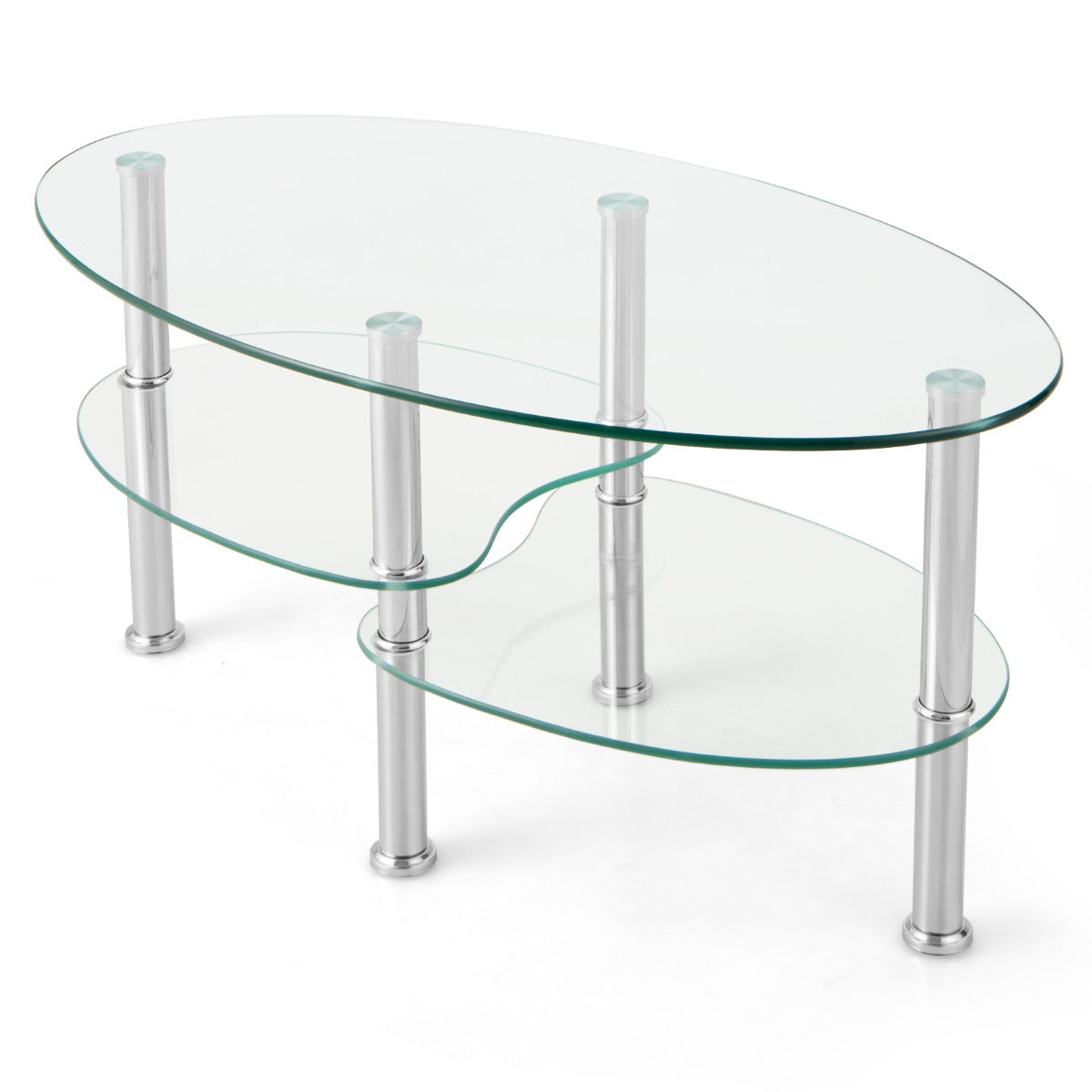 LIVSK Glazen Salontafel - 3-Laags Ontwerp - Ovaal met Gebogen Onderplanken - Gehard Glas en Staal - 89 x 50 x 45 cm -