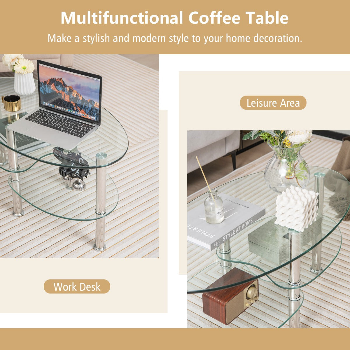 LIVSK Glazen Salontafel - 3-Laags Ontwerp - Ovaal met Gebogen Onderplanken - Gehard Glas en Staal - 89 x 50 x 45 cm -