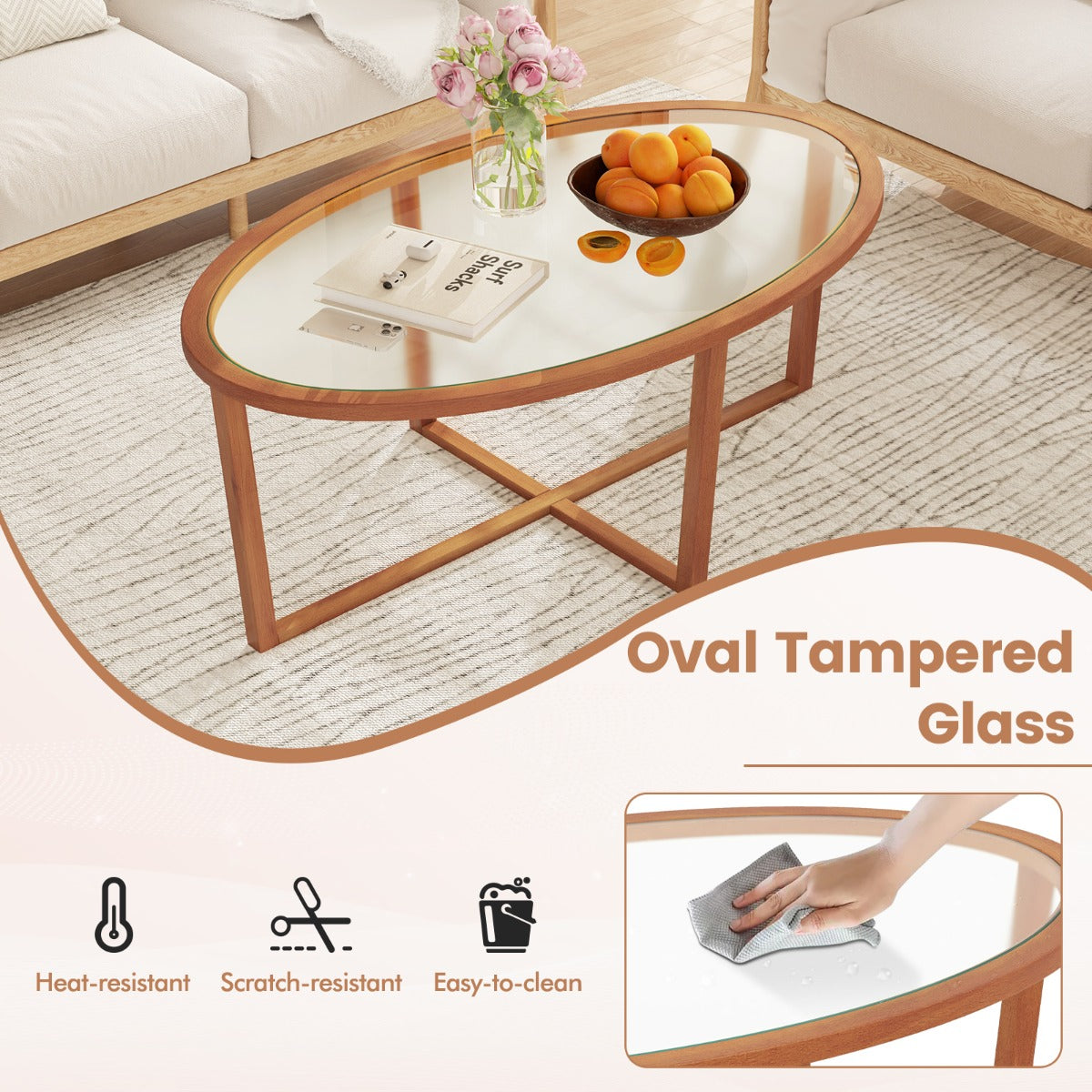 LIVSK Ovale Salontafel van Gehard Glas - Massieve Acaciahouten Poten - Eenvoudige Montage - Modern Design - 120 x 70 x 75 cm -