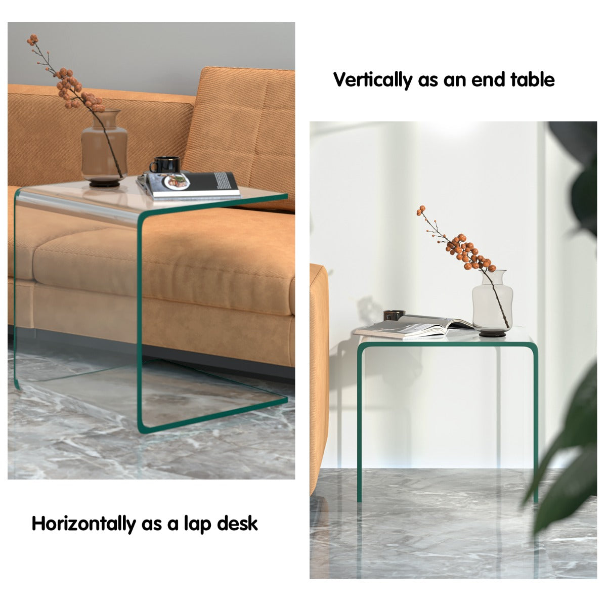 LIVSK Glazen Bijzettafel - U-vormig Design - Hittebestendig Geharde Glas - Geen Montage Nodig - Tot 30 kg - Transparant