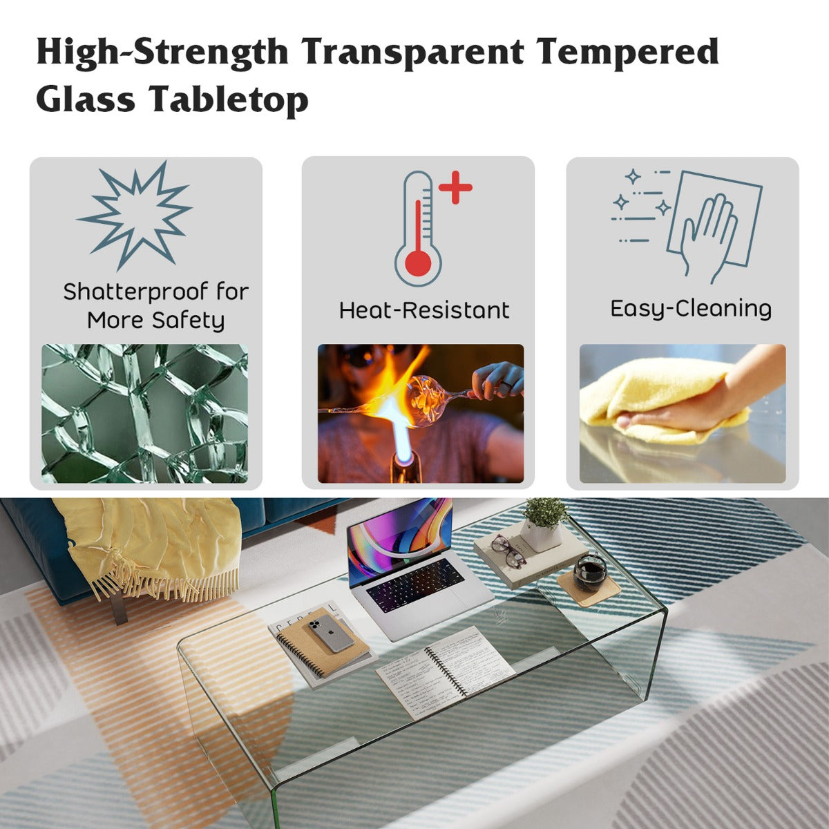 LIVSK Bijzettafel van Gehard Glas - Modern Design - Hittebestendig en Waterafstotend - Draagvermogen 30 kg - 108 x 50 x 35 cm -