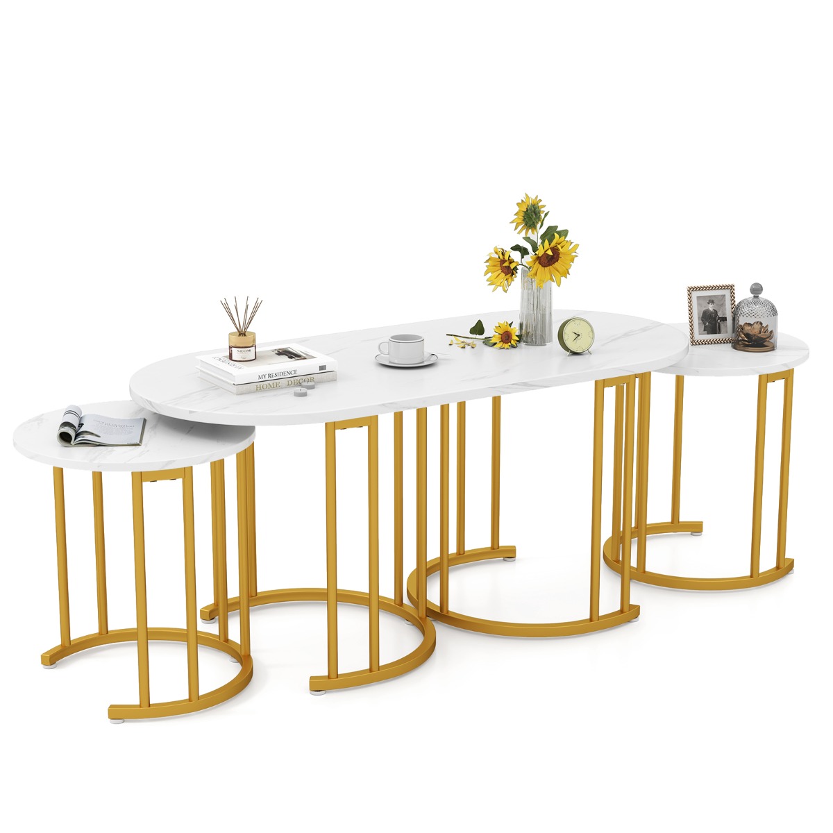 LIVSK Salontafelset met 3 Tafels - Ovaal en Ronde Bijzettafels - Nesting Ontwerp - Wit & Goud