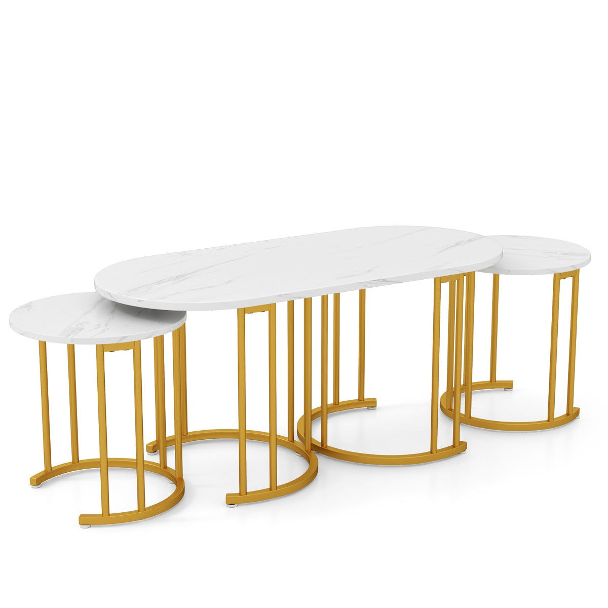 LIVSK Salontafelset met 3 Tafels - Ovaal en Ronde Bijzettafels - Nesting Ontwerp - Wit & Goud