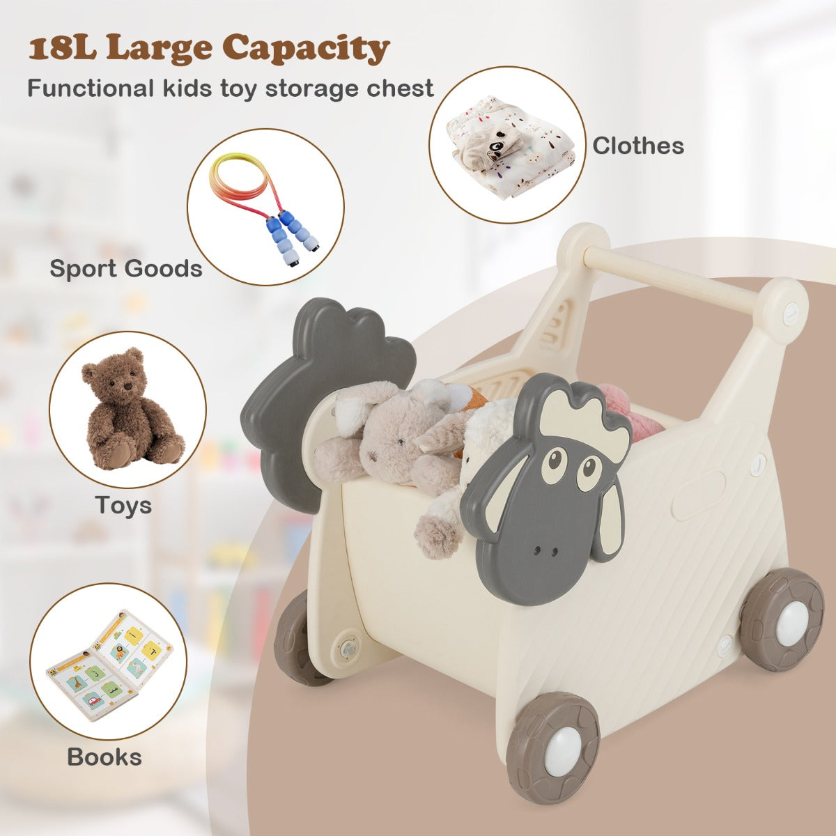 LIVSK 2-in-1 Loopwagen en Opbergmand - 18L Capaciteit - Educatief en Veilig - Voor Kinderen vanaf 3 jaar - Beige + Grijs
