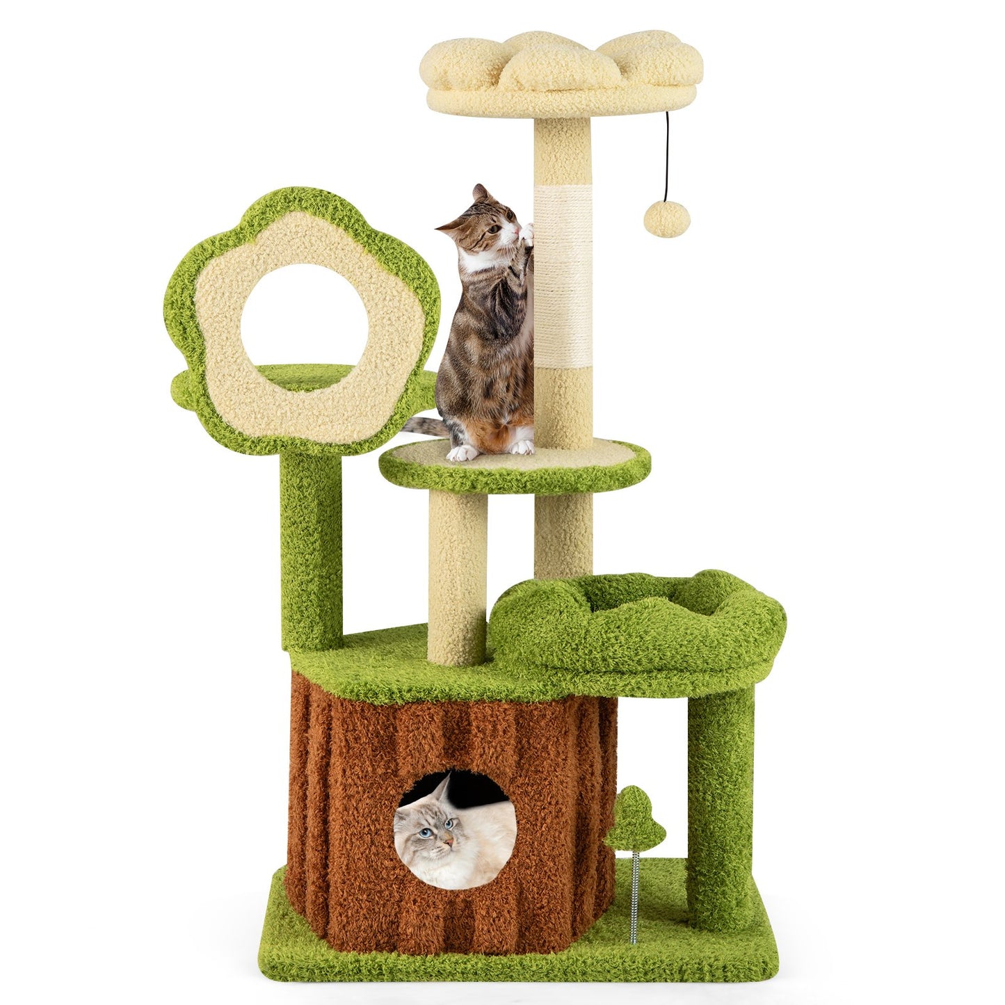 LIVSK Kattenboom - Meerlaagse Krabpaal met Schuilplaats - Speelse Elementen - Duurzaam Sisal - Comfortabel Pluche - Groen + Bruin