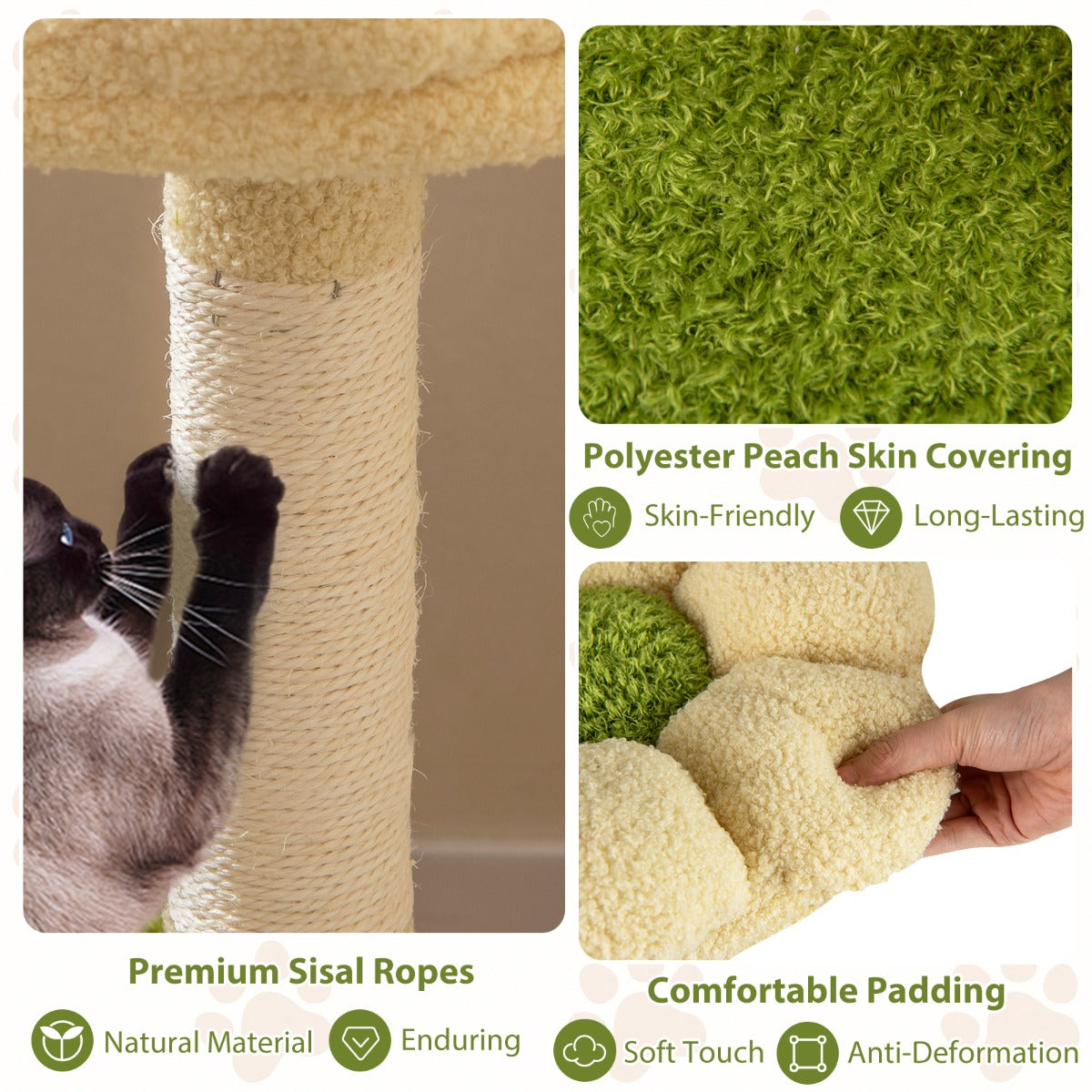 LIVSK Kattenboom - Meerlaagse Krabpaal met Schuilplaats - Speelse Elementen - Duurzaam Sisal - Comfortabel Pluche - Groen + Bruin