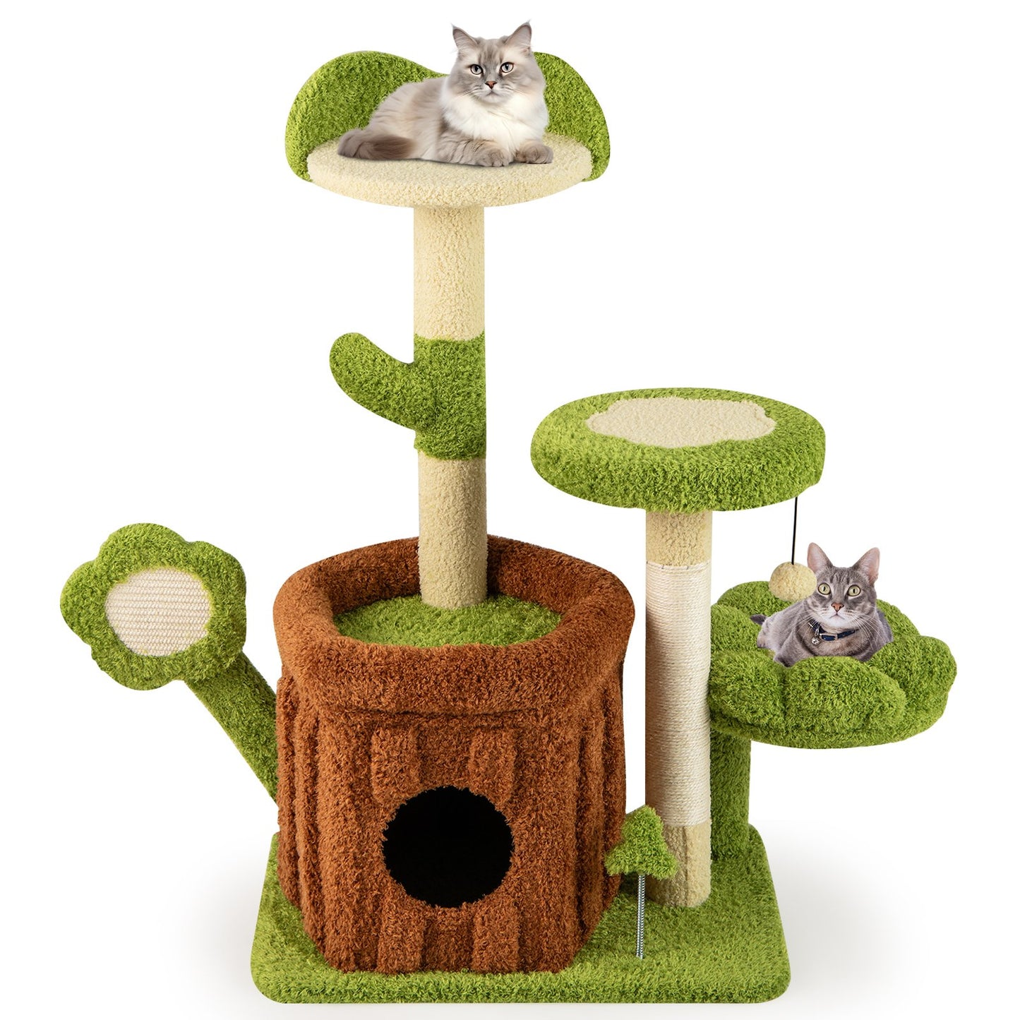 LIVSK Kattenboom - Meerlaagse Klimtoren met Afneembaar Stamhuis - Luxe Bloemenplatform - Krabpaal - Groen + Bruin