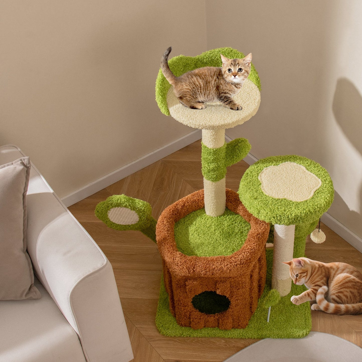LIVSK Kattenboom - Meerlaagse Klimtoren met Afneembaar Stamhuis - Luxe Bloemenplatform - Krabpaal - Groen + Bruin