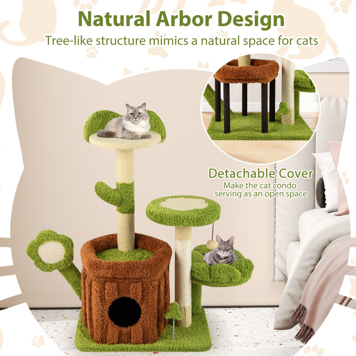 LIVSK Kattenboom - Meerlaagse Klimtoren met Afneembaar Stamhuis - Luxe Bloemenplatform - Krabpaal - Groen + Bruin