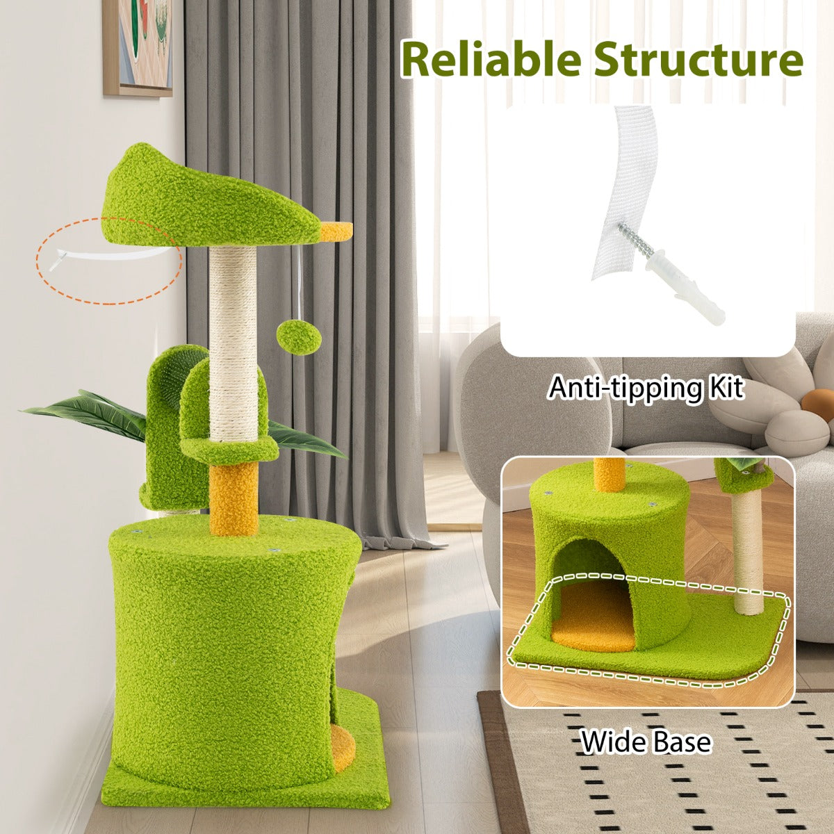 LIVSK Kattenboom met Krabpalen en Kattenborstel - Grot en Hoog Platform - Interactieve Pompon - Tot 10 kg - Groen + Oranje