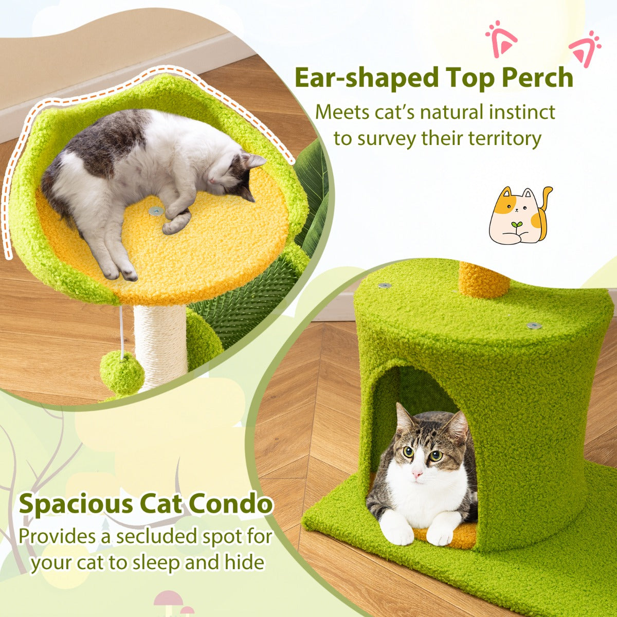 LIVSK Kattenboom met Krabpalen en Kattenborstel - Grot en Hoog Platform - Interactieve Pompon - Tot 10 kg - Groen + Oranje
