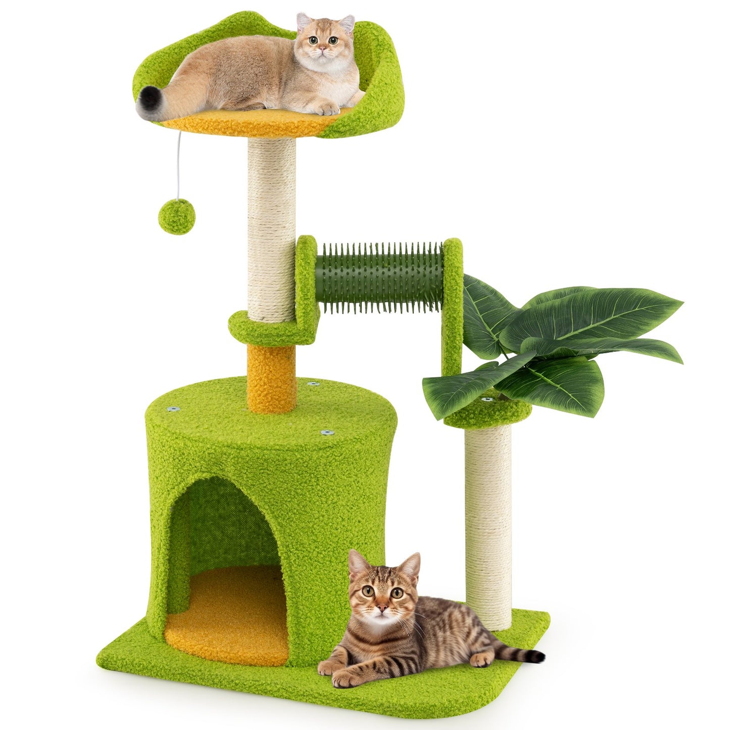 LIVSK Kattenboom met Krabpalen en Kattenborstel - Grot en Hoog Platform - Interactieve Pompon - Tot 10 kg - Groen + Oranje