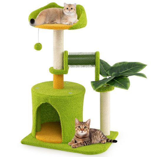 LIVSK Kattenboom met Krabpalen en Kattenborstel - Grot en Hoog Platform - Interactieve Pompon - Tot 10 kg - Groen + Oranje