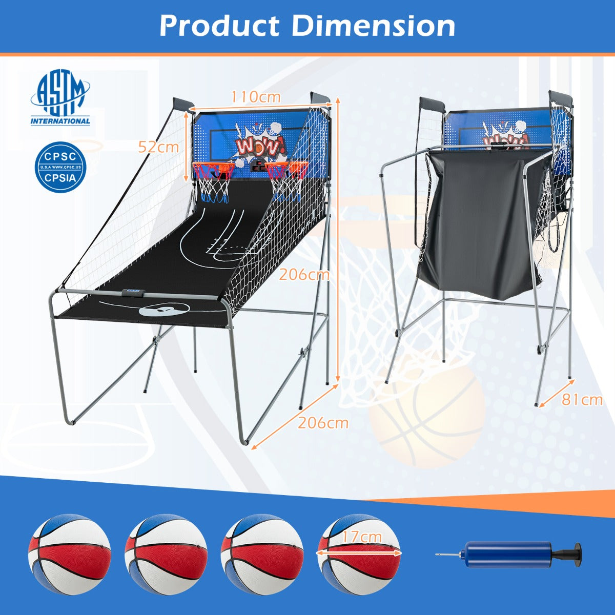 LIVSK Dubbele Elektronische Basketbalschietmachine - Inclusief 4 Basketballen - 8 Spelopties - Opvouwbaar - 110 x 206 x 203 cm -
