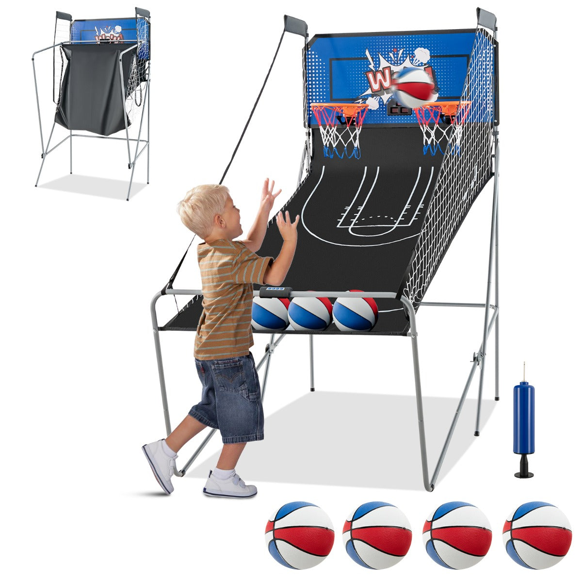 LIVSK Dubbele Elektronische Basketbalschietmachine - Inclusief 4 Basketballen - 8 Spelopties - Opvouwbaar - 110 x 206 x 203 cm -