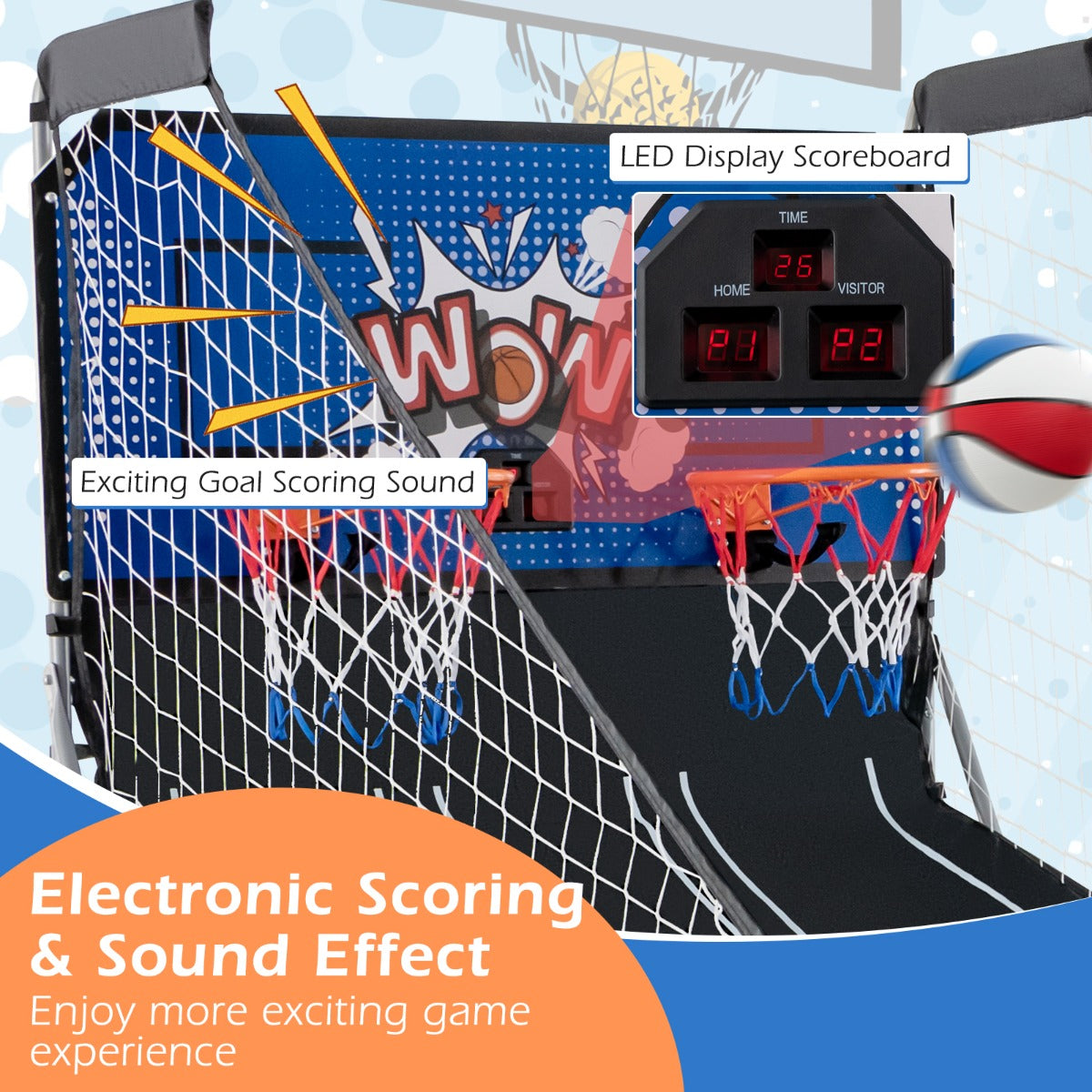 LIVSK Dubbele Elektronische Basketbalschietmachine - Inclusief 4 Basketballen - 8 Spelopties - Opvouwbaar - 110 x 206 x 203 cm -