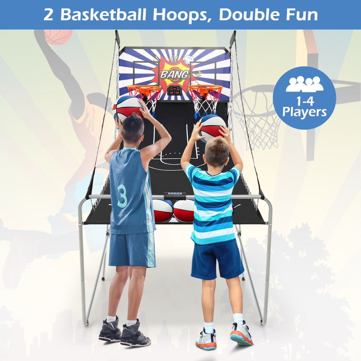 LIVSK Dubbel Schiet Elektronische Basketbalspel - Inclusief 4 Rubberballen - 8 Spelopties - Digitaal Scoresysteem - 203 x 110 x