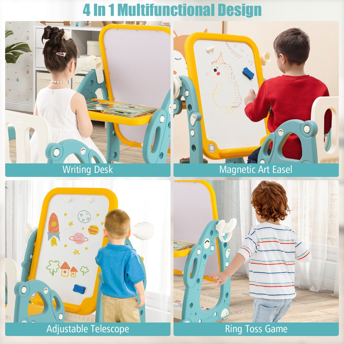 LIVSK Multifunctionele Kinderkunstezel Set - Verstelbaar - Whiteboard - Telescoop - Ringwerpspel - Voor 1-8 jaar - Blauw + Geel