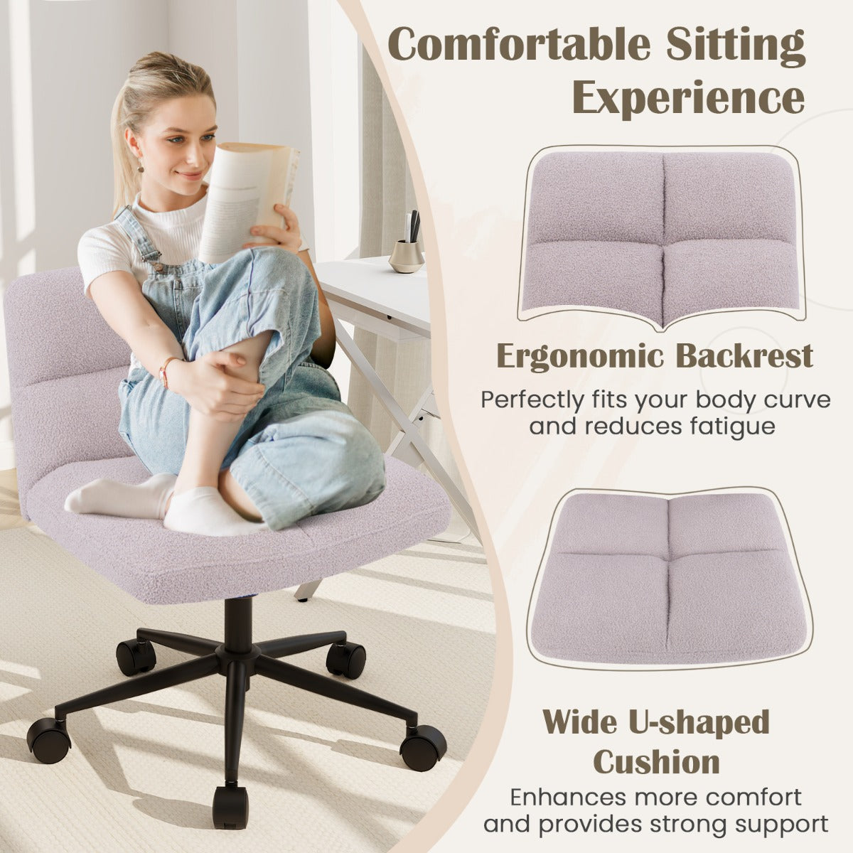LIVSK Draaibare Werkstoel - Ergonomisch met Verstelbare Hoogte - Luxe Imitatie-Sheepskin - Stabiele Basis - Lichtgrijs
