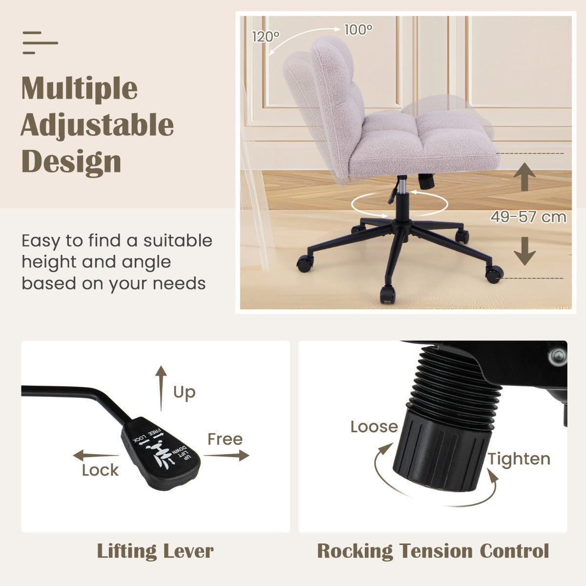 LIVSK Draaibare Werkstoel - Ergonomisch met Verstelbare Hoogte - Luxe Imitatie-Sheepskin - Stabiele Basis - Lichtgrijs