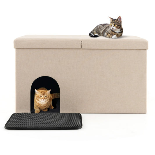 LIVSK Kattenbak Opbergbench - Koolstoffilter - Scharnierend Deksel - Verwijderbaar Tussenschot - Urinebestendige Mat - Beige