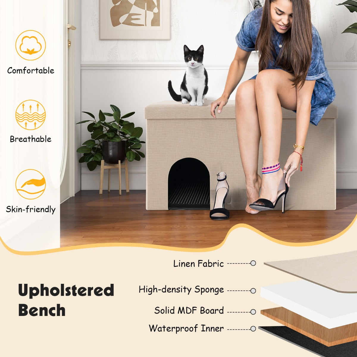LIVSK Kattenbak Opbergbench - Koolstoffilter - Scharnierend Deksel - Verwijderbaar Tussenschot - Urinebestendige Mat - Beige