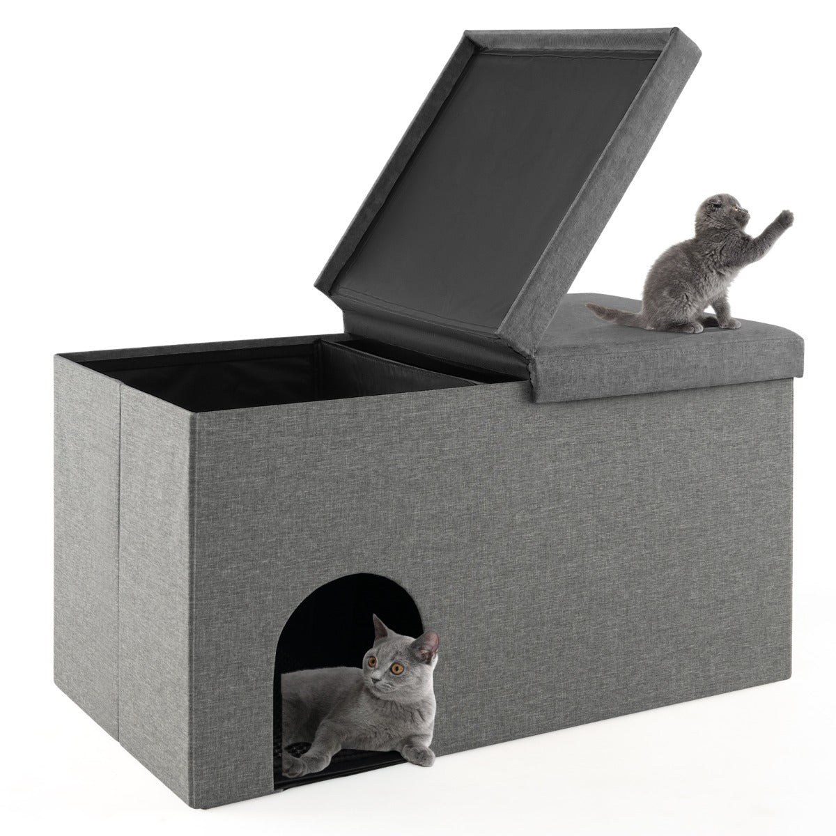 LIVSK Kattenbak Opbergbench - Koolstoffilter - Scharnierend Deksel - Urinebestendige Mat - Verwijderbaar Tussenschot - Grijs