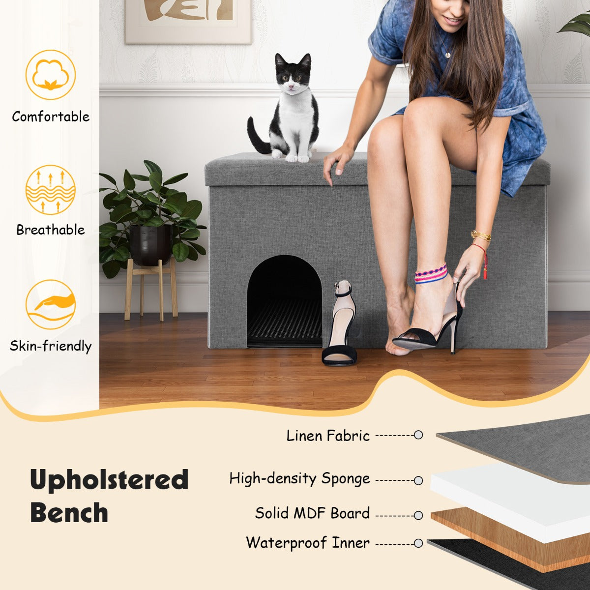 LIVSK Kattenbak Opbergbench - Koolstoffilter - Scharnierend Deksel - Urinebestendige Mat - Verwijderbaar Tussenschot - Grijs