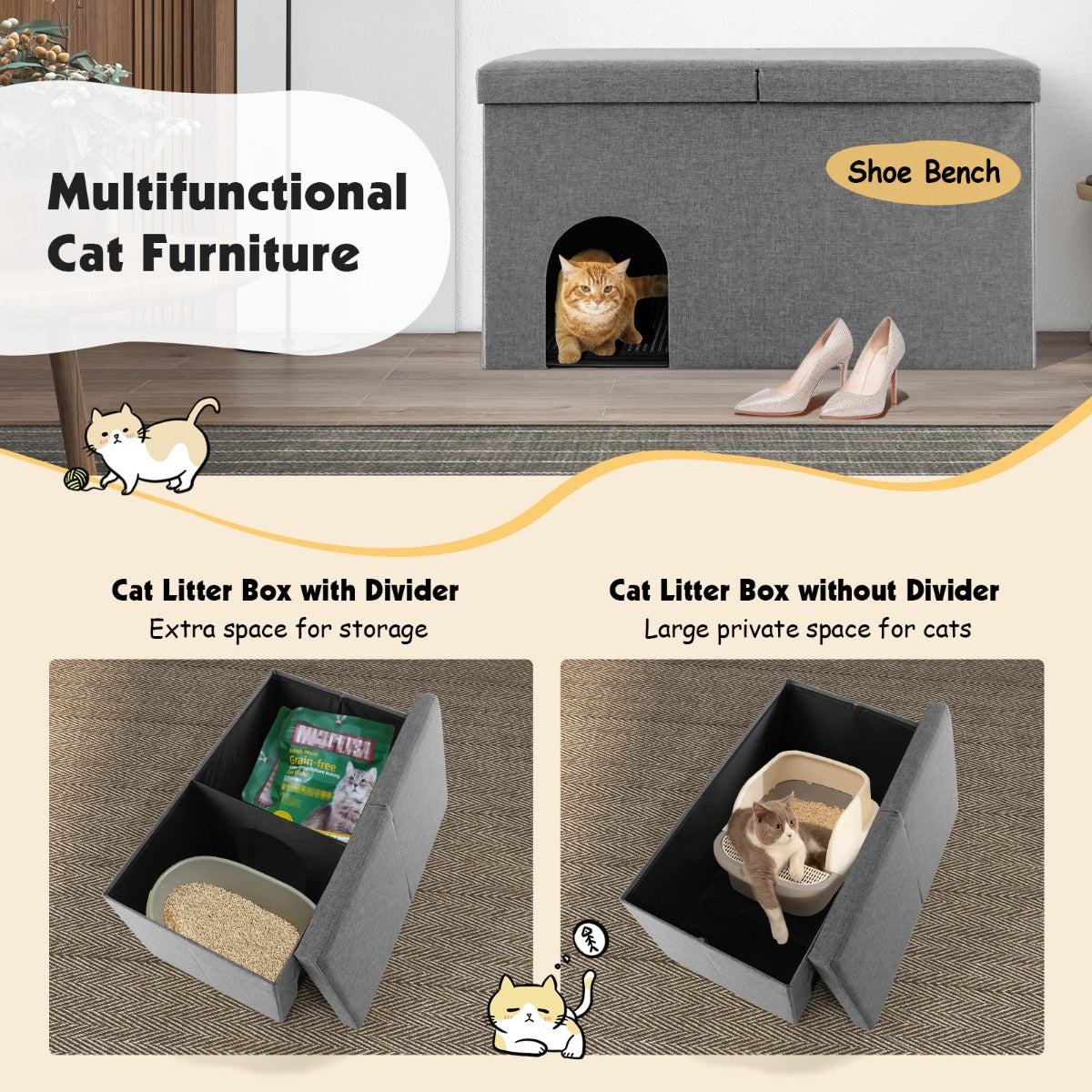 LIVSK Kattenbak Opbergbench - Koolstoffilter - Scharnierend Deksel - Urinebestendige Mat - Verwijderbaar Tussenschot - Grijs