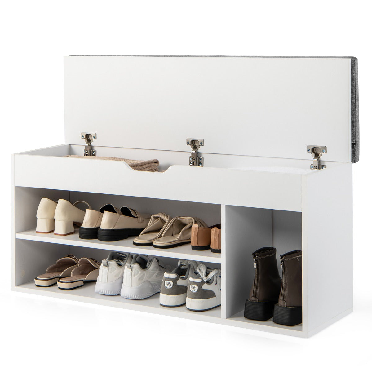 LIVSK Opbergbank met Zitkussen - Drie Compartimenten - Hoogwaardig Hout - Modern en Elegant - 104 x 30 x 48 cm - Grijs